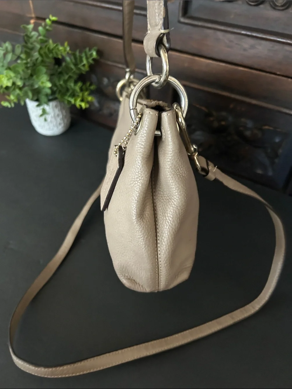 Coach Leather Crossbody Bag in Taupe with Embossed Carriage